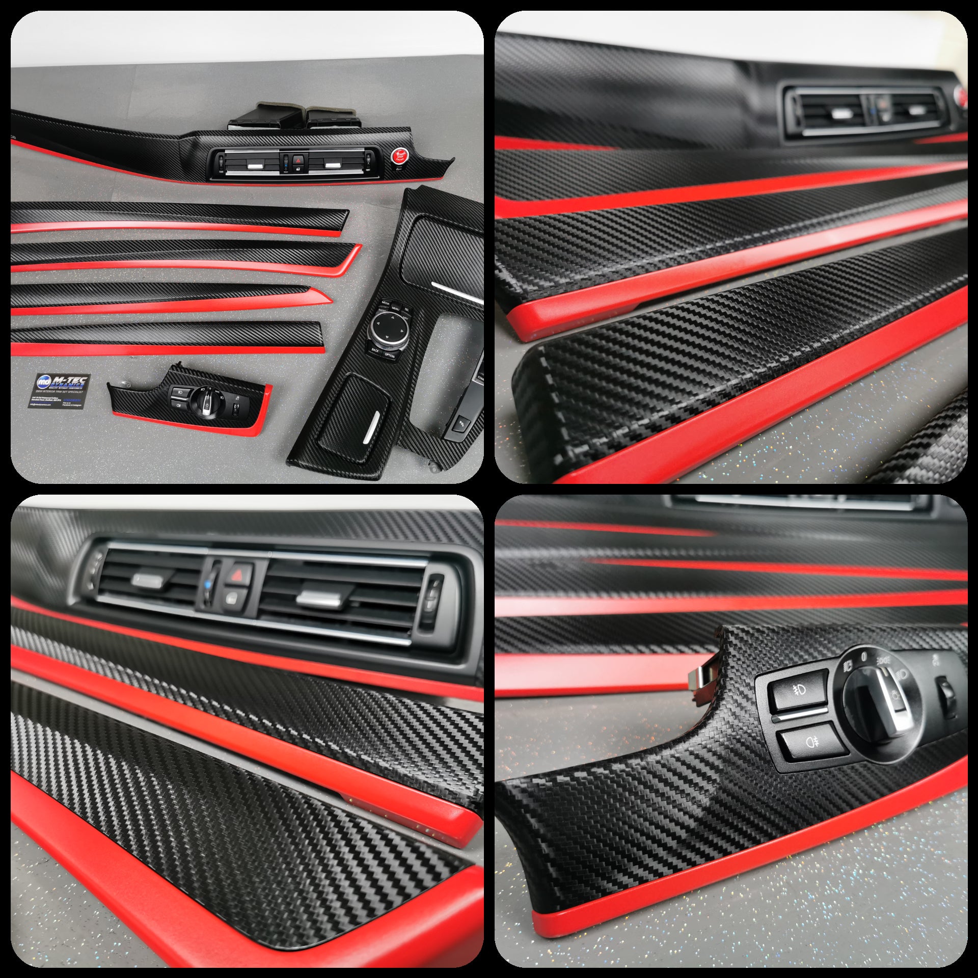 BMW F10 F11 AUTO INTERIOR TRIM SET - DEEP TEXTURED GLOSSY BLACK CARBON / GLOSS RED ACCENT (MTD-TEX)